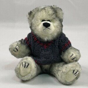 TY Plush Teddy Bear Moveable Legs Gray Bear Knit Sweater Vintage Collectible